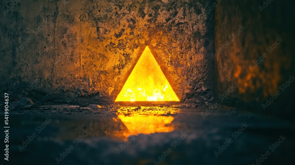Poster a glowing triangle illuminates inside a rough concrete structure