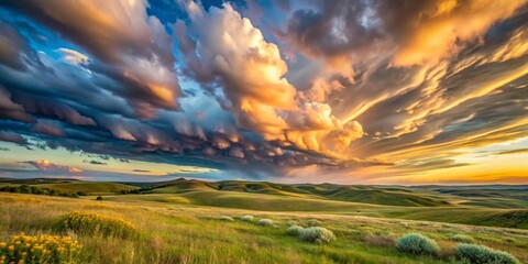 Golden Hour Illumination Across Rolling Hills Under a Dramatic Sky