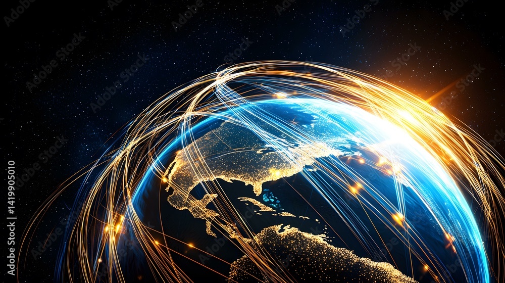 Poster the image shows a stylized depiction of earth, with glowing lines representing data streams and conn