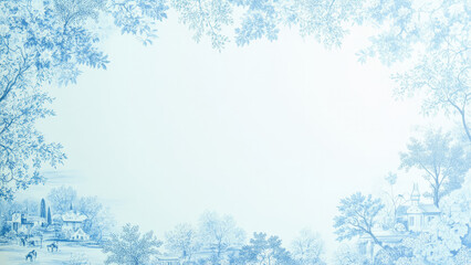 Elegant and serene landscape painting featuring a charming village and lush trees. It is an artful creation. 