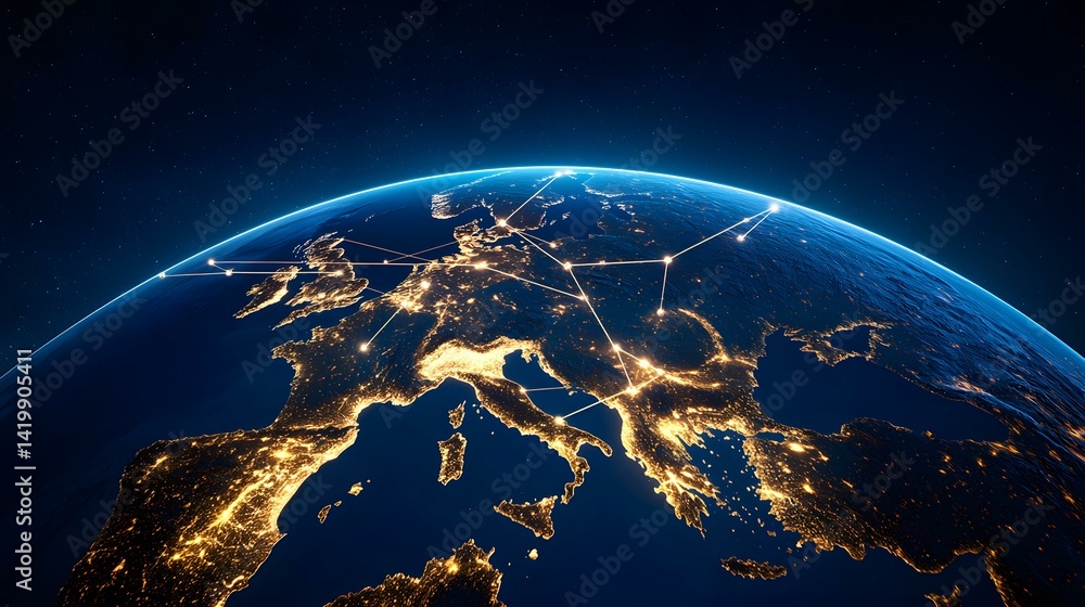 Poster a nighttime view of europe from space, showing city lights and interconnected lines representing glo