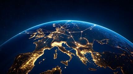 Obraz premium A nighttime view of Europe from space, showing city lights and interconnected lines representing global networks.