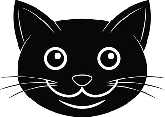 black cat with a smile, black cat cartoon, cute cat face silhouette vector icon on white background.