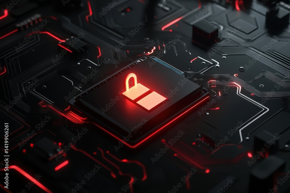 Poster computer chip with red glow on a circuit board highlighting modern technology