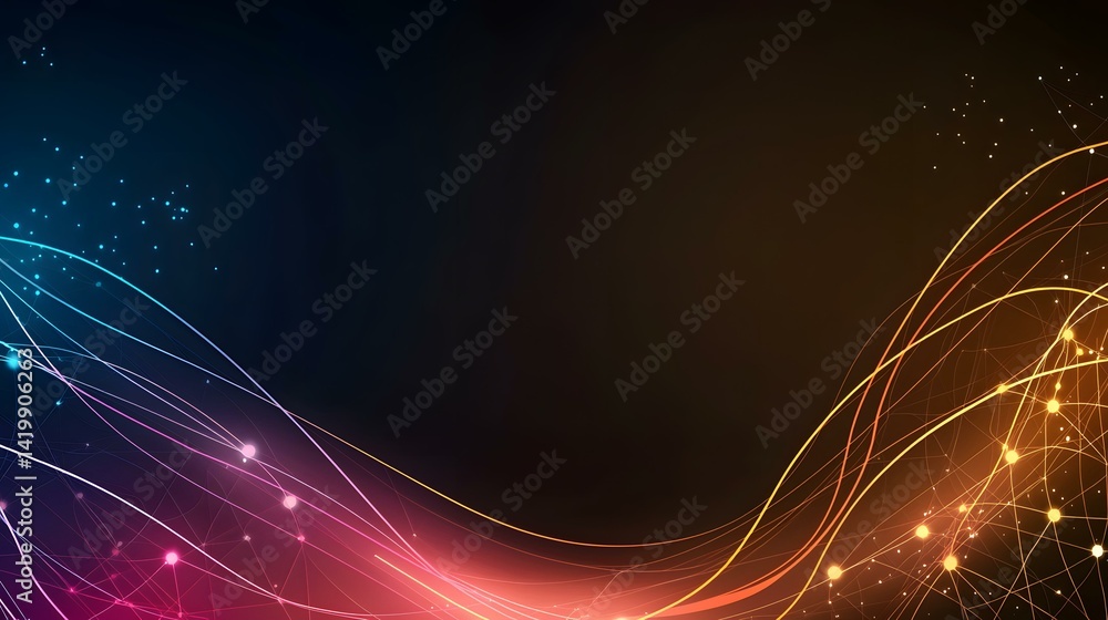 Poster the image contains abstract glowing lines and dots forming wave-like patterns in shades of blue, pin
