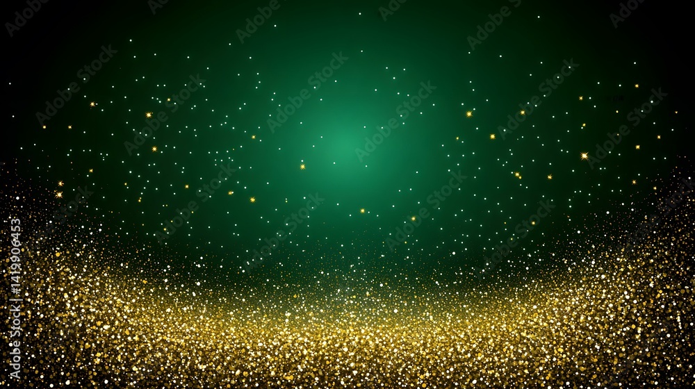 Poster the image contains a dark green background sprinkled with small, bright gold sparkles that accumulat