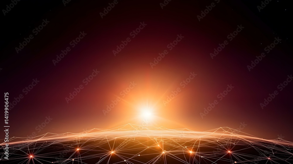 Poster the image shows a stylized representation of a planet's surface at sunrise, with a network of glowin