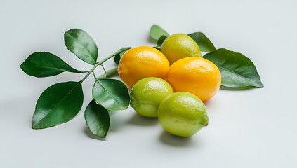 Lemon, green lemon with leaves isolated on a white background