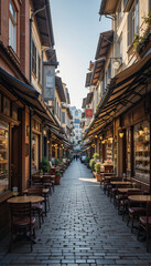 Fototapeta premium Cobblestone alleyway glows warmly under sunlight charming cafes line path inviting atmosphere. AI Generated