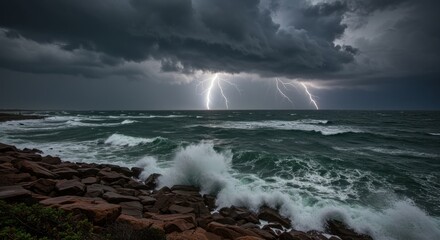 Obraz premium Stormy Sea with Lightning - Photo