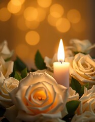 Single candle illuminates white roses, soft light, peaceful scene, relaxation, dark