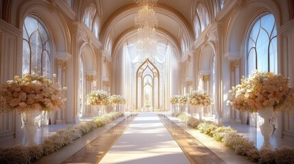 Grand, ornate wedding chapel with elegant floral arrangements.