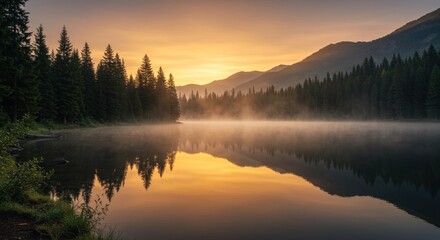 Misty Lake at Sunset, Photo