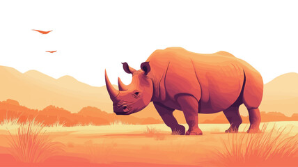 Fototapeta premium A stylized digital painting of a rhino in the savannah. The colors are dominated by warm oranges, pinks and purples, creating the effect of a sunset. This rhino is seen in profile.