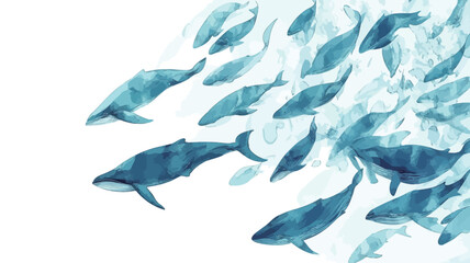 A digital watercolor painting depicts a large group of humpback whales swimming in the air. The whales are rendered in varying shades of translucent blue to create a sense of depth and movement.