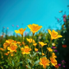 Obraz premium Sunny yellow and orange Bacopa monnieri blossoms against a vibrant blue sky in a lush herbal garden, landscape, nature