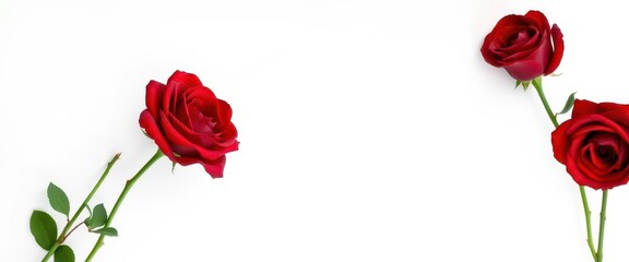 Three deep crimson roses, pristine white background, velvety petals, red roses, studio shot, dark red roses