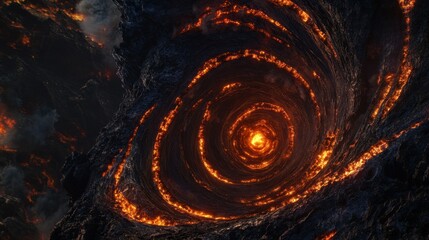 A dramatic spiral of fiery lava in dark mountainous terrain