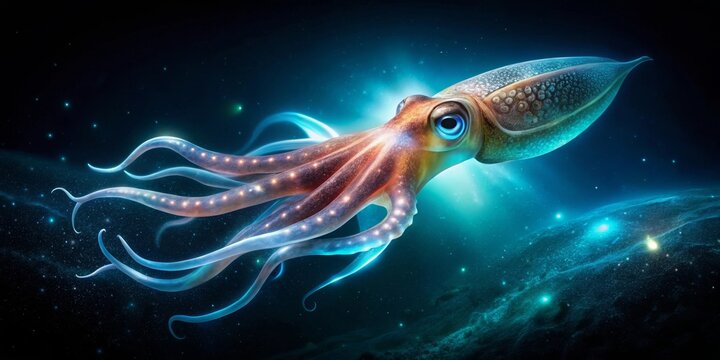 A cosmic cephalopod gracefully glides through the ethereal expanse of a nebula, its bioluminescent tentacles trailing behind it like shimmering stardust.