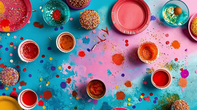 Bright Colorful Festive Celebration with Spilled Paints and Food Plates on Vibrant Blue Background