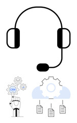 Headset symbolizing customer support, robotic hand selecting CRM button, interconnected cloud gear sharing files. Ideal for customer service, CRM tools, automation, cloud storage, technology