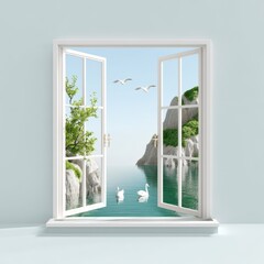 Serene Landscape View Through Open Window with Swans and Mountains