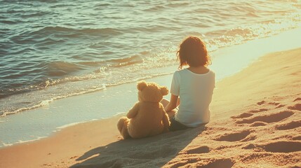 Little girl with teddy bear sitting on the beach at sunset.