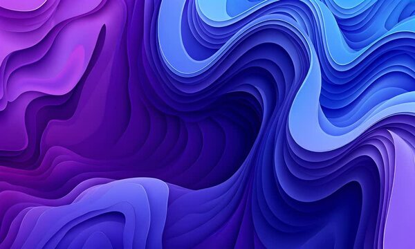 Blue and purple abstract background with wavy layers of paper-cut shapes in shades of blue and violet. The pattern is a beautiful and elegant design that would be great for creating a sense of depth o