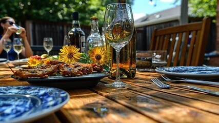 Elegant outdoor dining setting with rustic wooden table, delicious food, and vibrant floral decorations