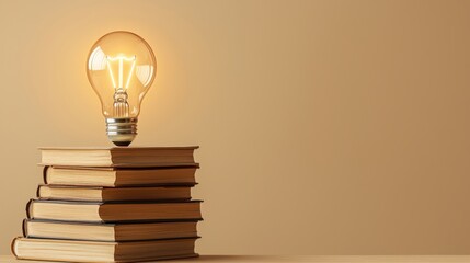 Stack of hardcover books with illuminated light bulb on top symbolizing knowledge creativity innovation and bright ideas against a plain beige background