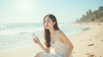 Asian Women with beautiful skin holding the skincare product, The carefree time, Cheerful on the beach.