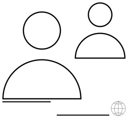 Two abstract user icons in simple outlines with a globe symbol, suggesting online connection, communication, or networking. Ideal for collaboration, profiles, global reach, connectivity, teamwork