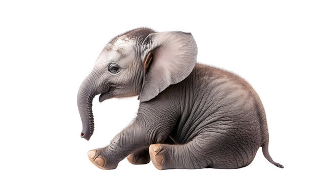 Adorable Baby Elephant Calf Relaxing on White Isolated Background