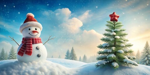 Obraz premium A joyful snowman wearing a festive hat and scarf stands beside a snow-covered evergreen tree adorned with a star, a winter wonderland scene at sunrise.