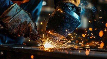 Skilled welder creating sparks in industrial workshop