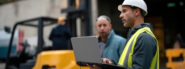 man in high visibility vest is using laptop while standing near forklift, showcasing professional work environment. scene conveys focus and teamwork in construction or industrial setting