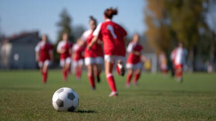Obraz premium soccer ball on field with girls team running in red uniforms, showcasing teamwork and energy during match. scene captures excitement of youth sports