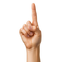 Male hand with index finger pointing up on white and transparent background