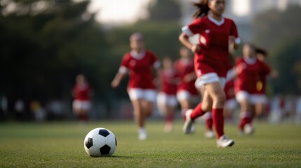 Obraz premium soccer ball on field with girls team in red uniforms running towards it, showcasing teamwork and athleticism in vibrant outdoor setting