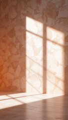 Warm sunlight streams through window casting long shadows on textured wall. AI Generated