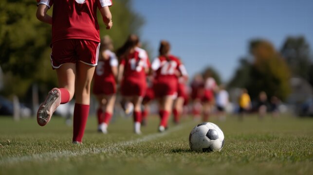teenage girls soccer team in red uniforms is actively playing on sunny day, showcasing teamwork and athleticism as they run across field towards ball