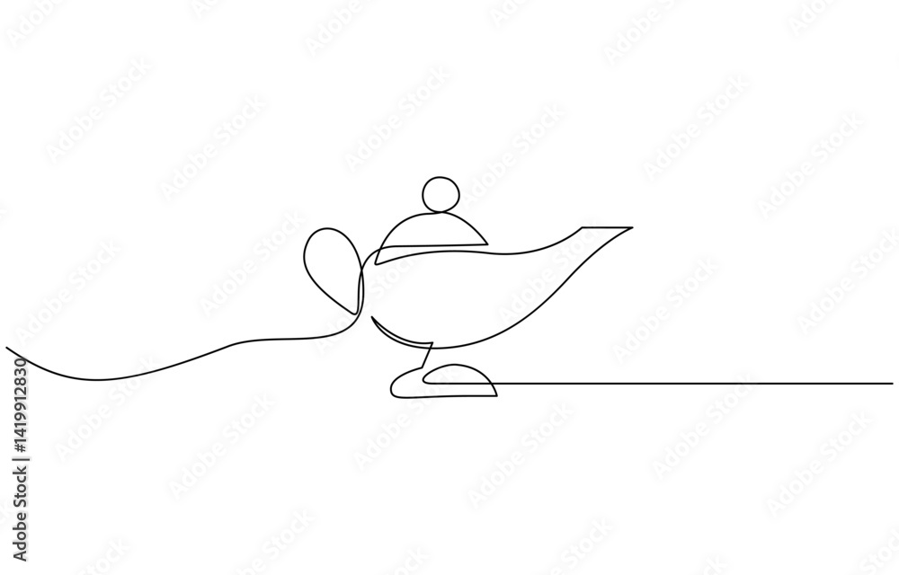 Fototapete continuous line of aladin's lamp. single line of classic aladdin lamp vector, gin lamp one line vect
