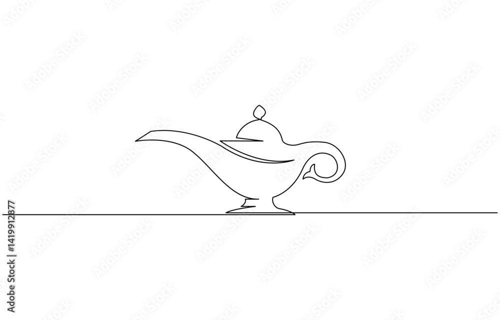 Fototapete continuous line of aladin's lamp. single line of classic aladdin lamp vector, gin lamp one line vect