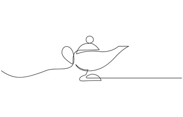 Continuous line of aladin's lamp. single line of classic aladdin lamp vector, Gin lamp one line vector design flat vector icon, vintage aladin teapot continuous line on white.