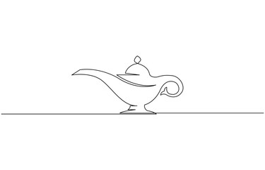 Continuous line of aladin's lamp. single line of classic aladdin lamp vector, Gin lamp one line vector design flat vector icon, vintage aladin teapot continuous line on white.