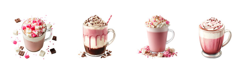 Three variations of festive pink hot chocolate.