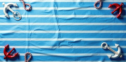 Blue and white striped tablecloth with anchors and ropes, sailing, nautical
