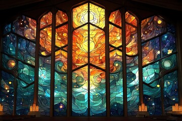 Stained glass window with celestial and abstract design featuring blue orange and green colors.