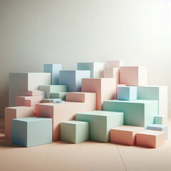 generative ai, Hyperrealistic 3D renderings of cube-shaped podiums of various sizes, neatly arranged in a minimalist studio setting. All podiums are in soft and subtle pastel colors such as pale pink,