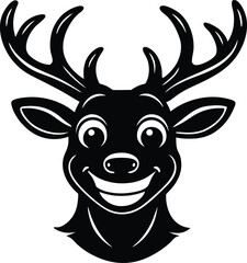 jumping silhouette icon, happy deer head silhouette vector symbol, deer head silhouette, head of a deer, smiling deer cartoon character head icon on white background.